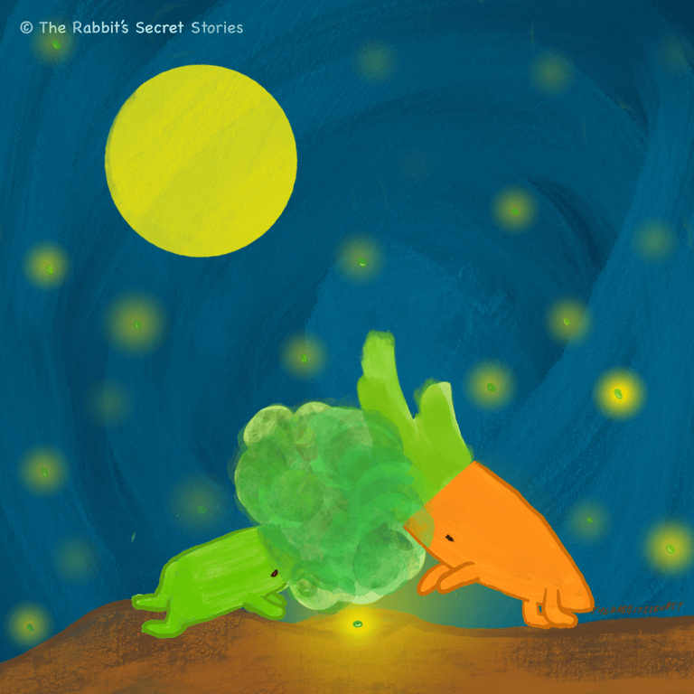Papa Broccoli and Mama Carrot planting the star seed that will grow to be Baby Leek, story by The Rabbit's Secret Stories