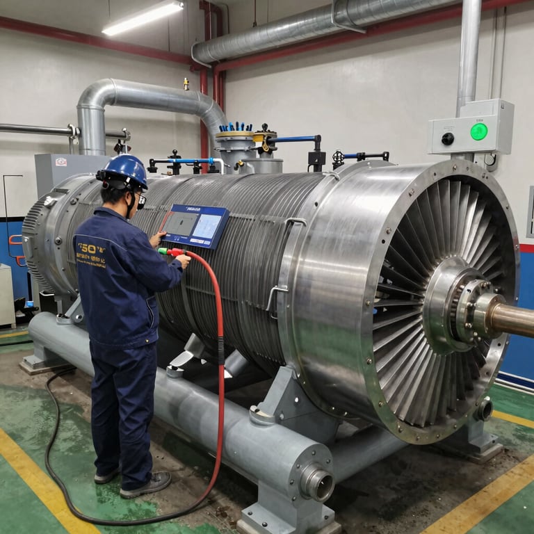 Engineer in a hard hat inspecting a large industrial turbine engine with a digital tablet in a factory.