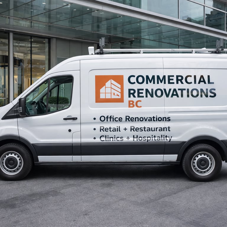 Branded Commercial Renovations BC service van parked outside a modern office building.