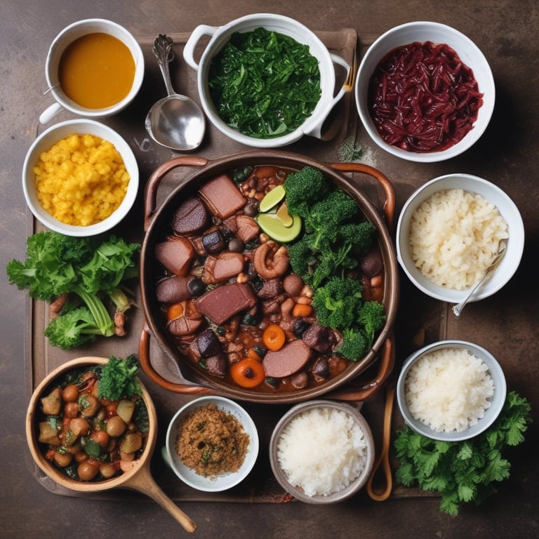 panela de feijoada, pratos de arroz, farofa, couve, postos em uma mesa