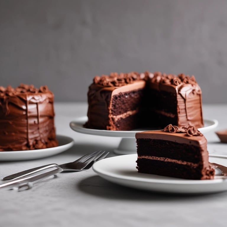 bolo de chocolate com um pedaço cortado postos em uma mesa
