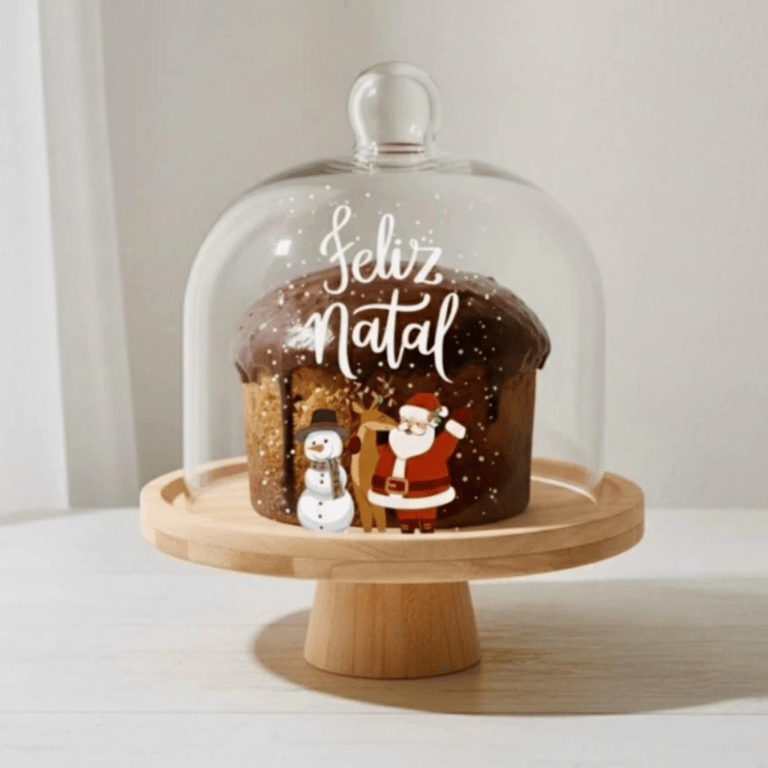 Porta Panetone de Vidro e Bambu Personalizado Panetoneira Chocotone Suporte Decoração de Natal e Cei