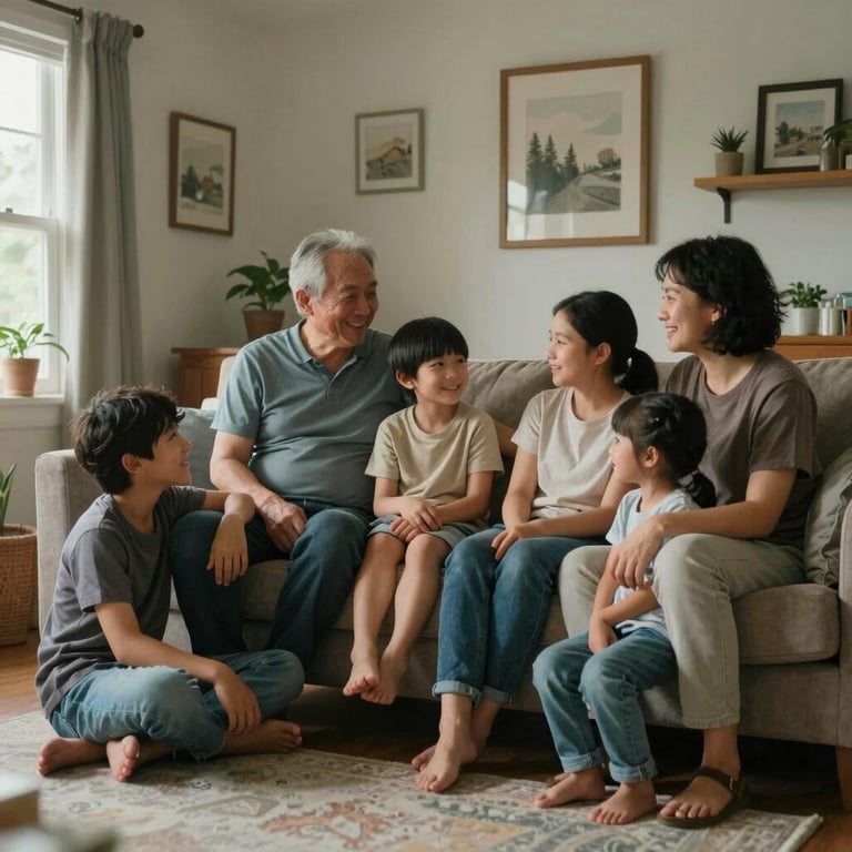 A happy family enjoying the cool air in their living room in a North American / US home, conveying peace of mind and comfort.
