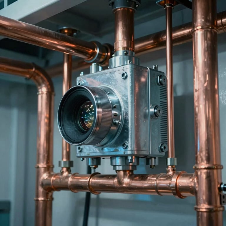 Detail shot of high-quality copper piping and clean HVAC components reflecting Steel Blue light in a modern mechanical room.
