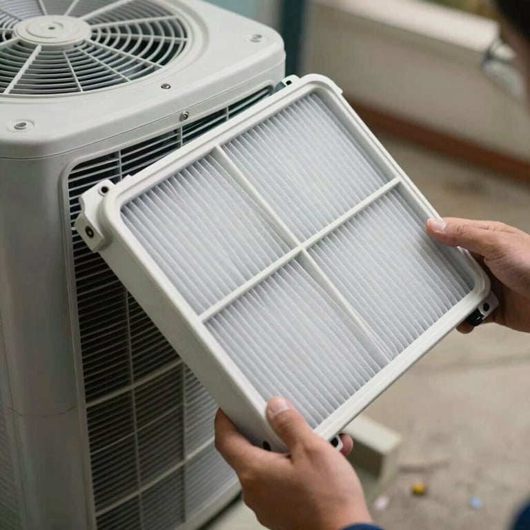 Close-up of a new, efficient air filter being installed into a residential HVAC system by a professional in a North American / US setting.