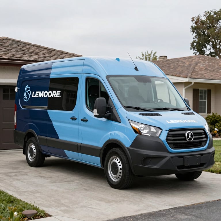 A professional service van with the brand colors Dark Navy Blue and Light Sky Blue parked in a clean Lemoore, CA driveway.