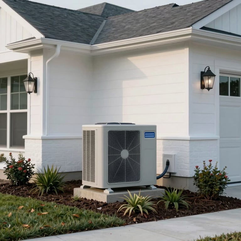 A wide shot of a modern North American / US suburban home with a sleek outdoor AC unit installed neatly on the side, surrounded by clean landscaping, in Soft Ice White tones.