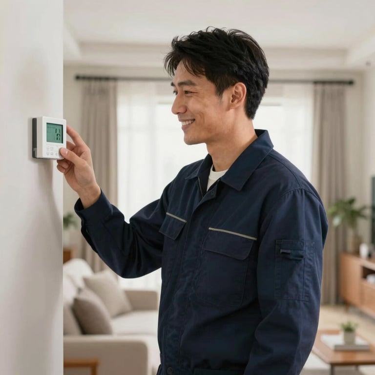 A technician smiling while checking a digital thermostat inside a well-lit North American / US living room, wearing a Dark Navy Blue uniform.