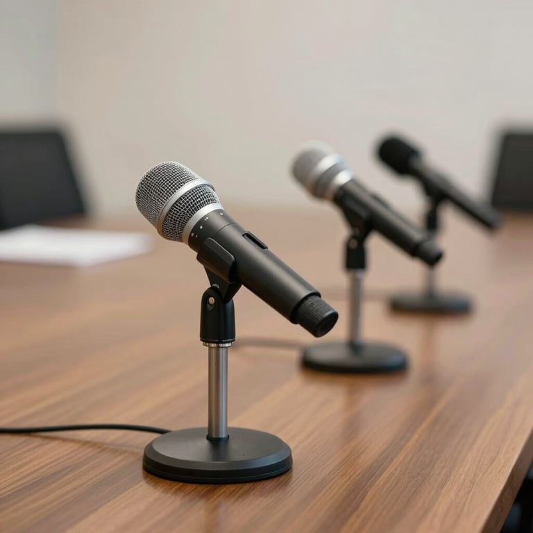 Professional audio microphones set up on a mahogany conference table, soft focus background.