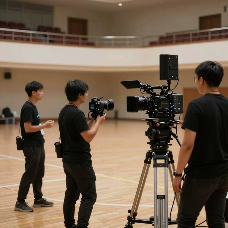 Behind-the-scenes view of a production crew in black attire operating cameras and sound in a grand hall.
