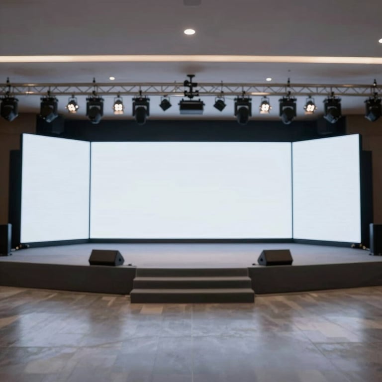 A wide shot of a hybrid meeting stage with large LED walls and professional lighting rigs, Bogor venue.