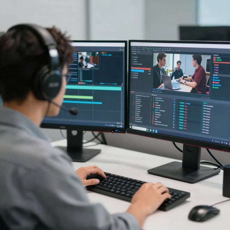 A technician with headphones monitoring live streaming data on dual monitors, clean desk setup.
