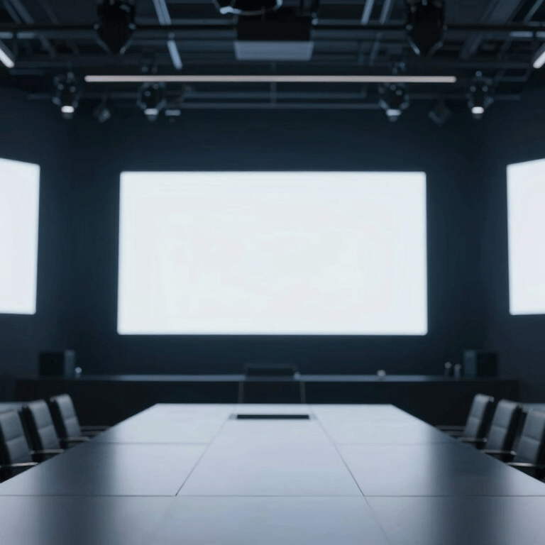 Professional broadcast camera on a tripod at a corporate event, focused on a speaker, background #0E1C28 tones.