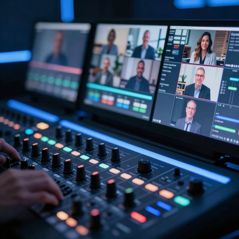 Close-up of a digital video mixer with multiple screen previews of a live meeting, modern blue lighting.