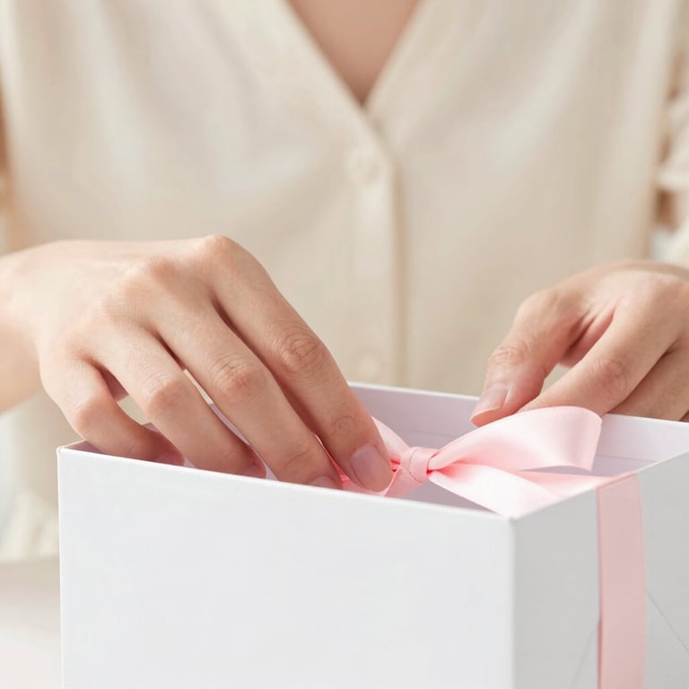 Bright editorial photography, close-up of a woman's hands gently opening a white gift box with soft-focus cream background, warm natural light.