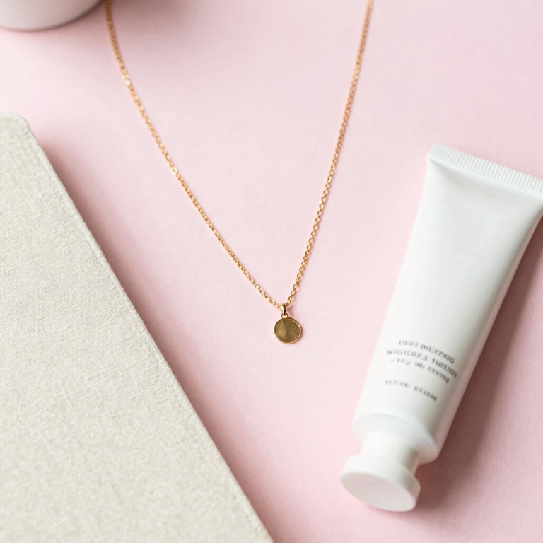 Overhead flatlay of keepsake items including a delicate gold necklace, a linen journal, and a tube of hand cream on a pastel pink surface, soft daylight.
