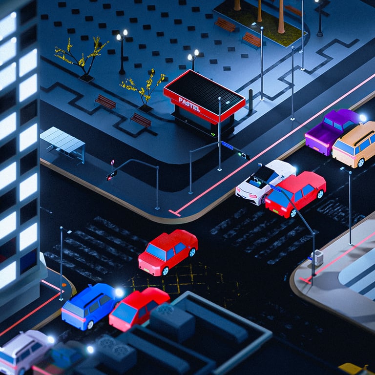 Cenário modelado em 3D inspirado no cruzamento da Francisco Glicário e General Osório de noite