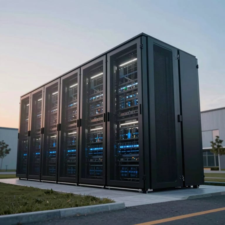 The exterior of a sleek, modern data center facility at dusk with soft lighting.
