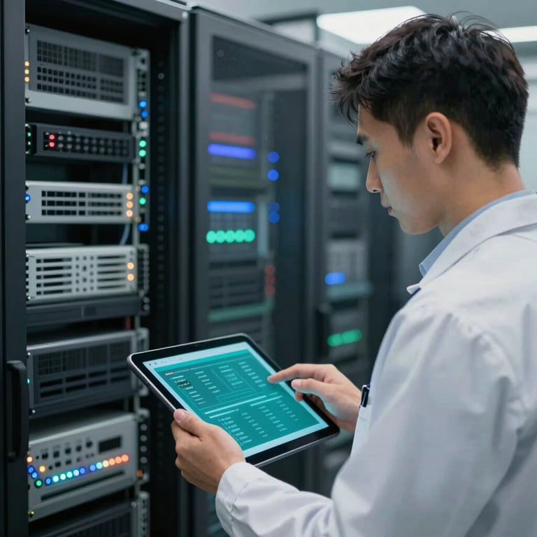 A technician monitoring a cloud server array, using a tablet with a teal interface (#2C5F6F).