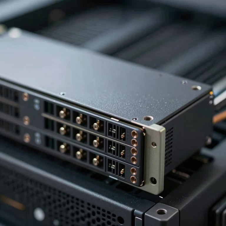A close-up of a server blade with high-tech components, emphasizing reliability and precision.