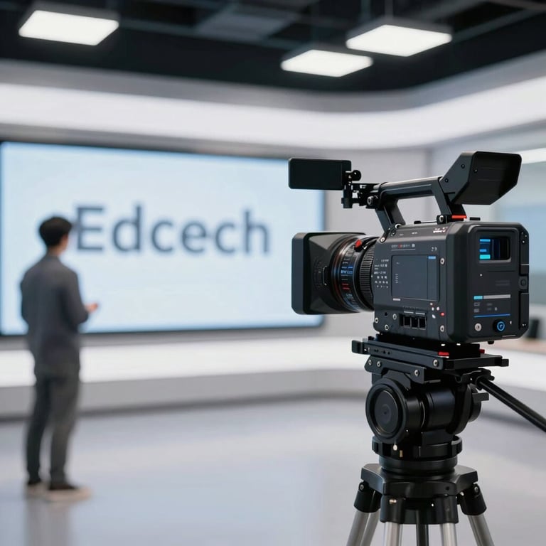 A 4K broadcast camera setup in a modern EdTech production studio, high-key lighting.