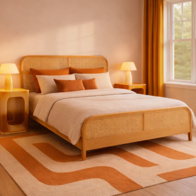avant-après chambre avec lit en rotin, rideau velours ocre