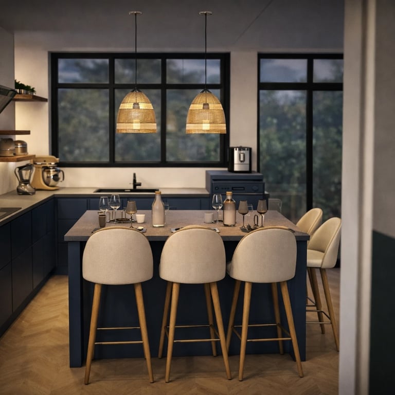 avant après, aménagement cuisine avec ilot central, cuisine bleu marine vue sur le jardin