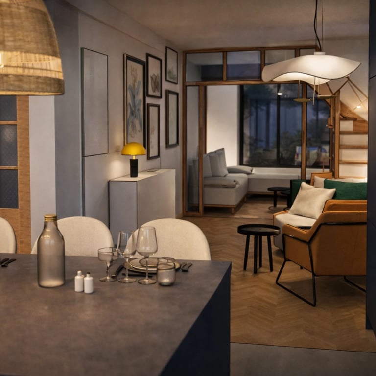 avant après, aménagement rez de chaussée ilot de cuisine avec couvert, canapé et fauteuil de couleurs