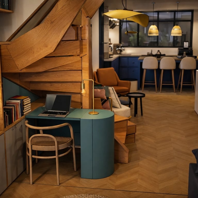 avant après, déco bureau sur-mesure sous escalier , pc portable pour télétravail, bibliothèque sur mesure