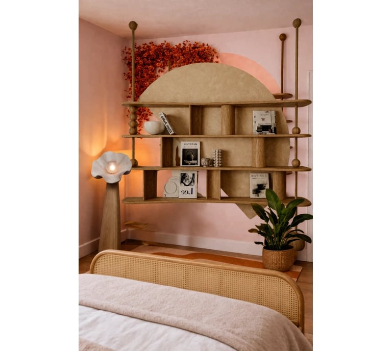 avant apres chambre avec bibliothèque bois clair arrondi lit en rotin, lampe fleur