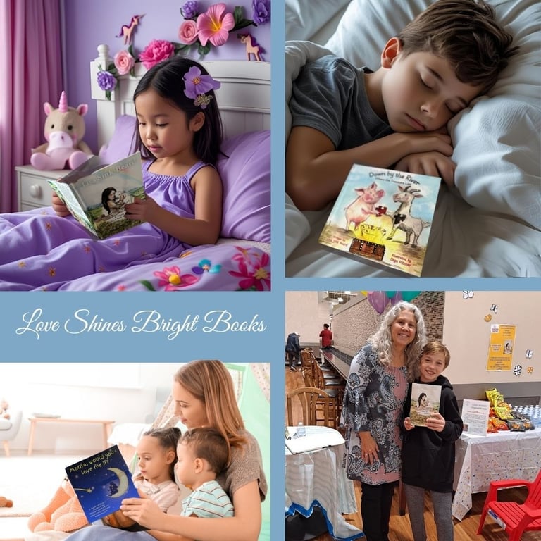 Collage of happy children and families enjoying bedtime stories from Love Shines Bright Books