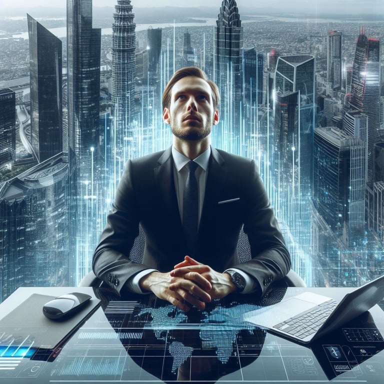 a man in a suit and tie is sitting at a desk with laptops