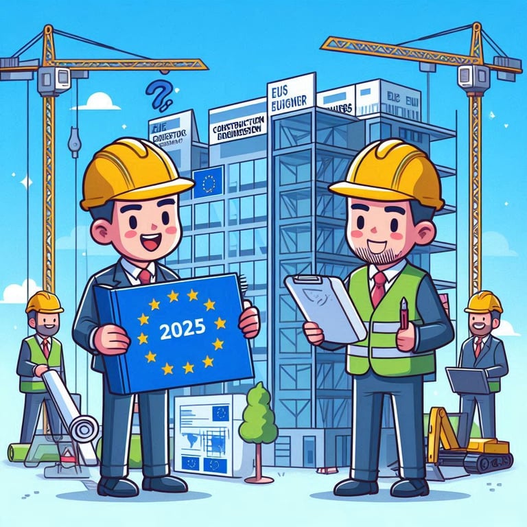 Cartoon engineers erecting EU buildings