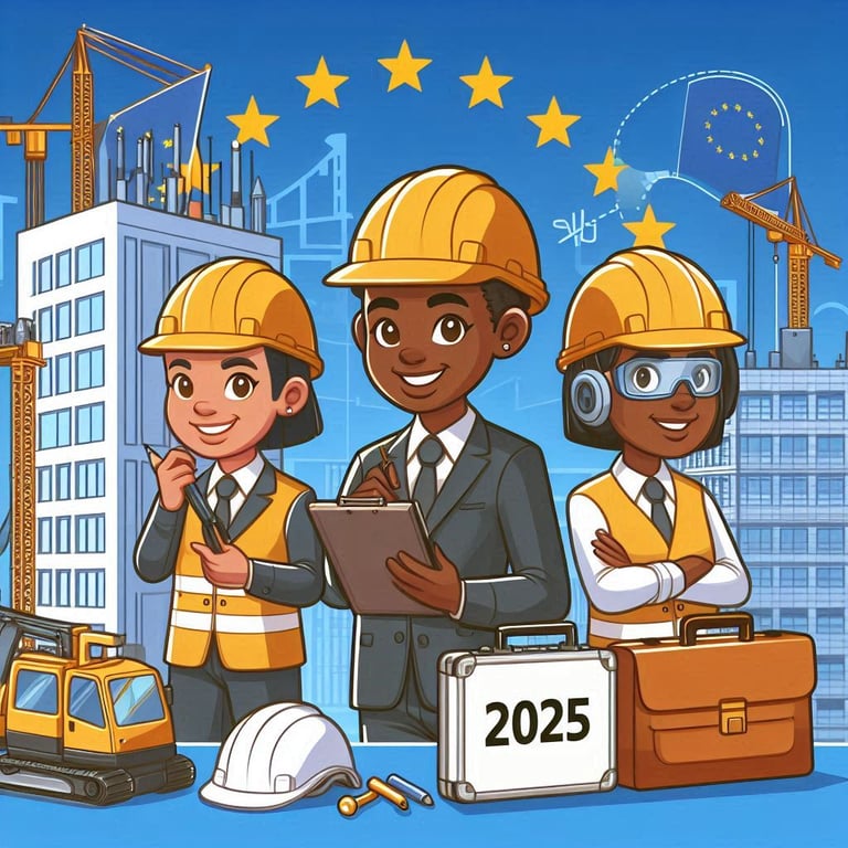 Cartoon engineers erecting EU buildings 2