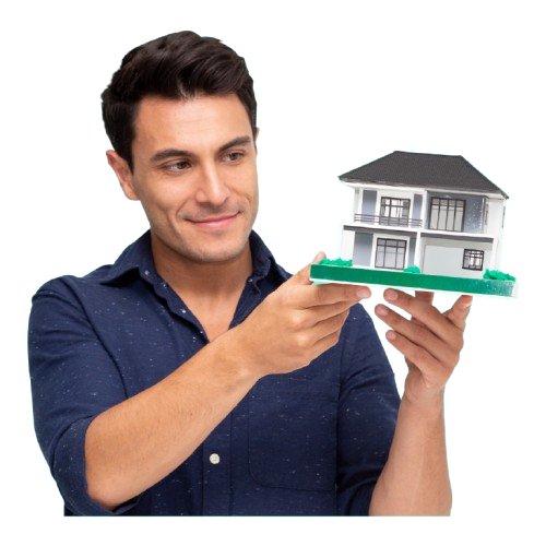 a man holding a model of a house