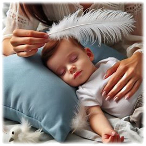 Un enfant endormi sur un oreiller avec une plume