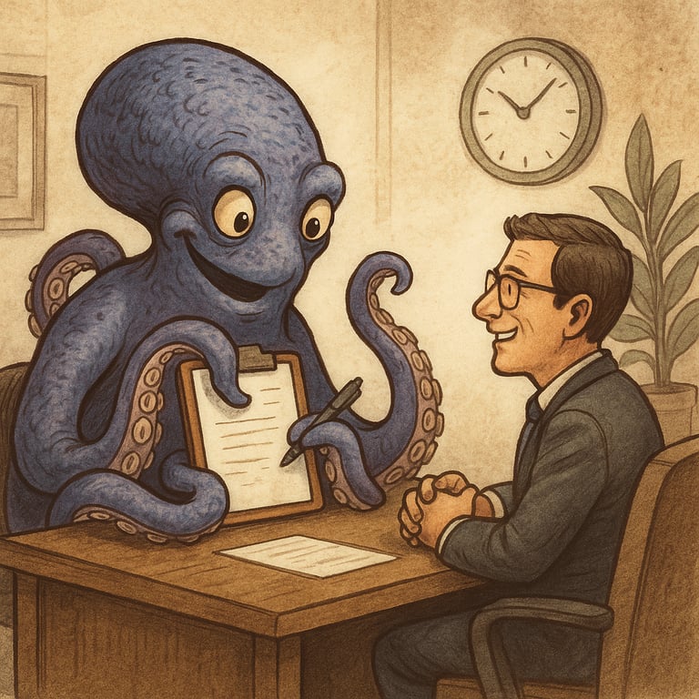 a man in a suit and tie is sitting at a desk with a clock and