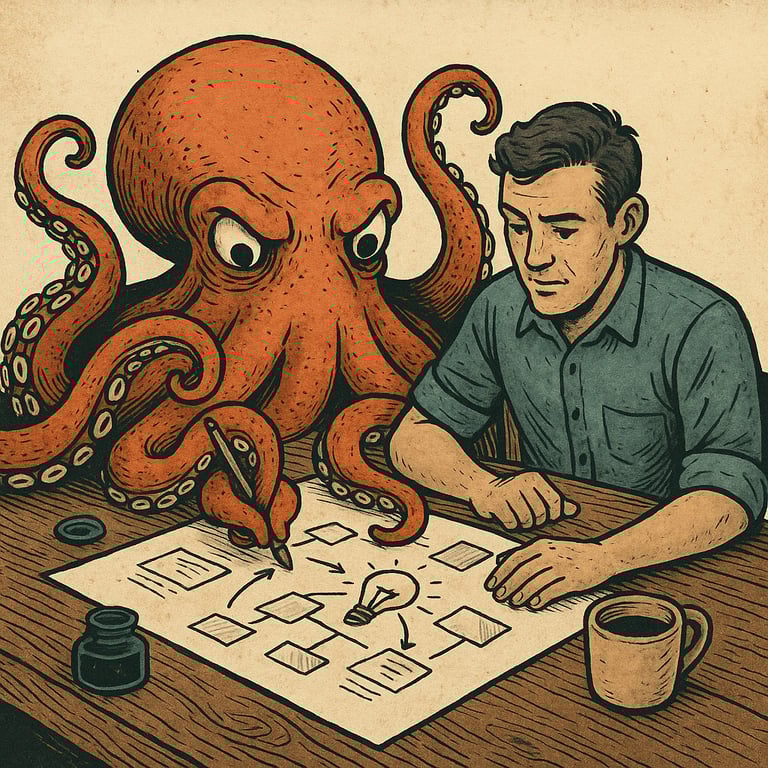 a man sitting at a table with a drawing of a octopus