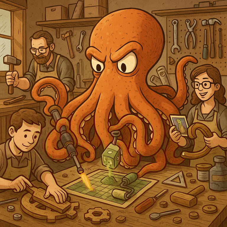 a cartoon octopus with a man in a workshop