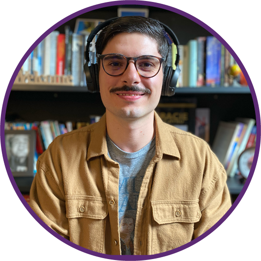 a man with headphones and headphones on a bookshelf