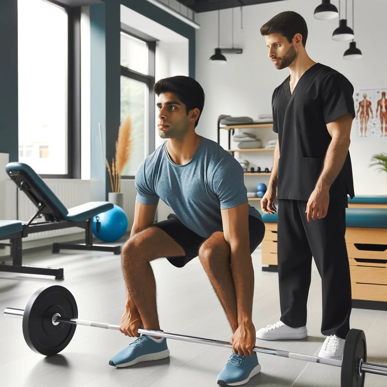 a man is doing a barbell squat exercise under a physiotherapist guidance