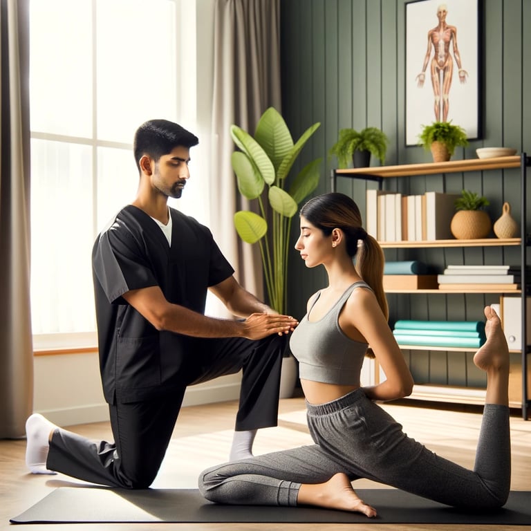 a physiotherapist and a woman doing yoga exercises