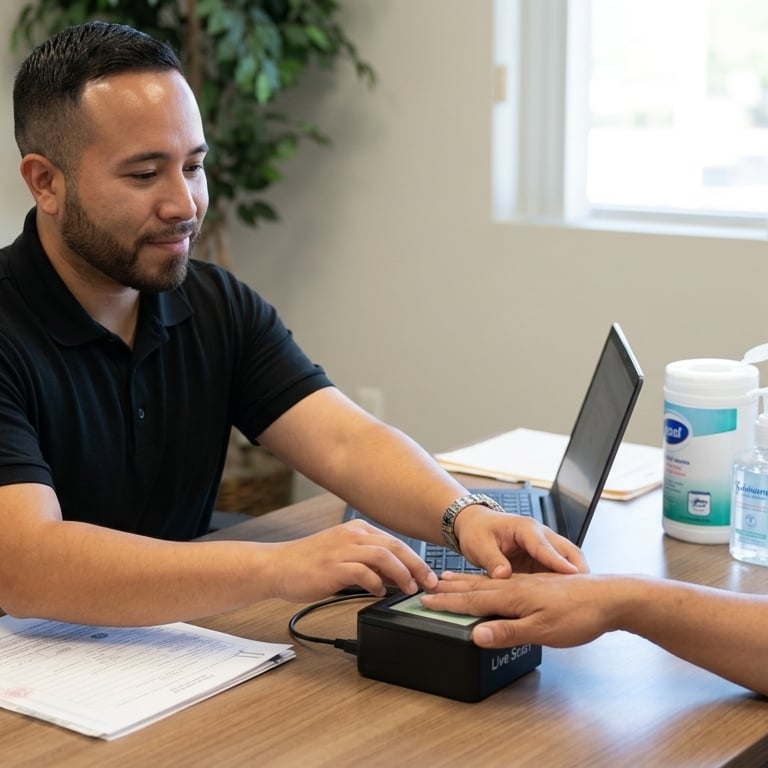 Professional technician performing a digital Live Scan fingerprinting service for a client in an office.