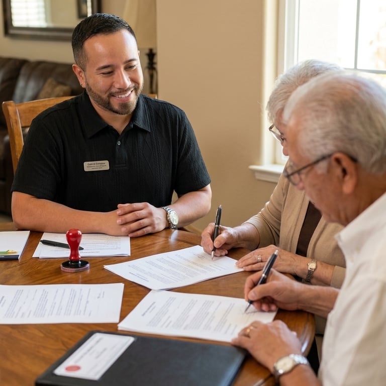 A smiling professional notary assisting a senior couple with signing legal documents at a table.