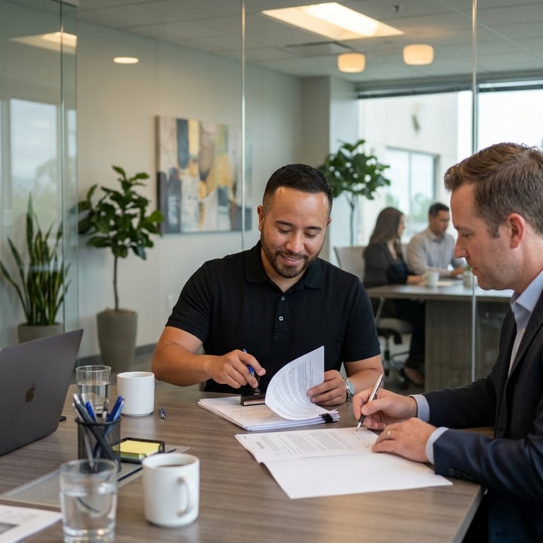 Professional business partners signing a legal contract in a modern glass office setting.