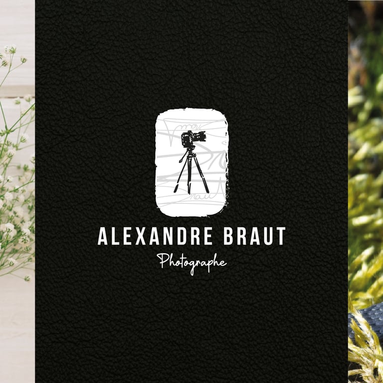 Logo d'Alexandre Braut sur fond noir effet cuir, design signé par Marion Guizzardi, directrice artistique, Montpellier.