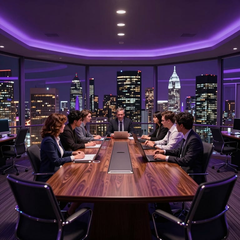 A wide shot of a tech-heavy boardroom in a metropolitan city with deep purple interior lighting and international aesthetic.
