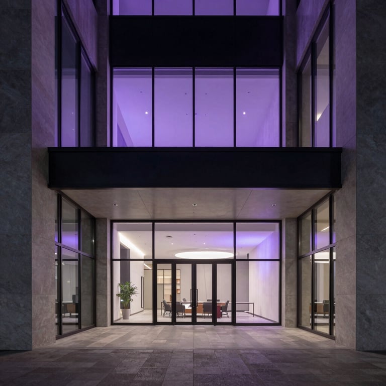 A minimalist, high-end office lobby in a North American city with sharp architectural lines and violet ambient backlighting.