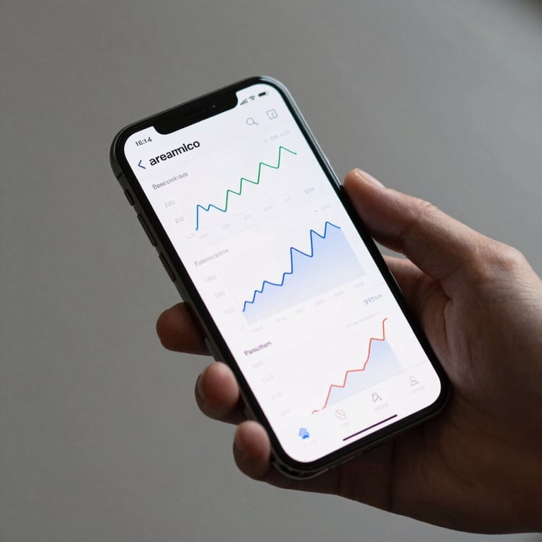 Detailed photography of a premium smartphone screen displaying clean data trends, held by a professional in a minimalist setting.