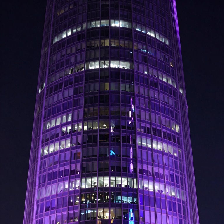 A night-time view of a glowing glass skyscraper representing a global tech hub, reflecting royal purple tones.
